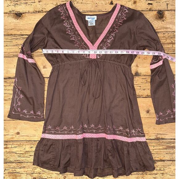 Vintage SURFACE Womens S, Brown Cover Up with waist drawstring pink embroidered - Picture 6 of 6
